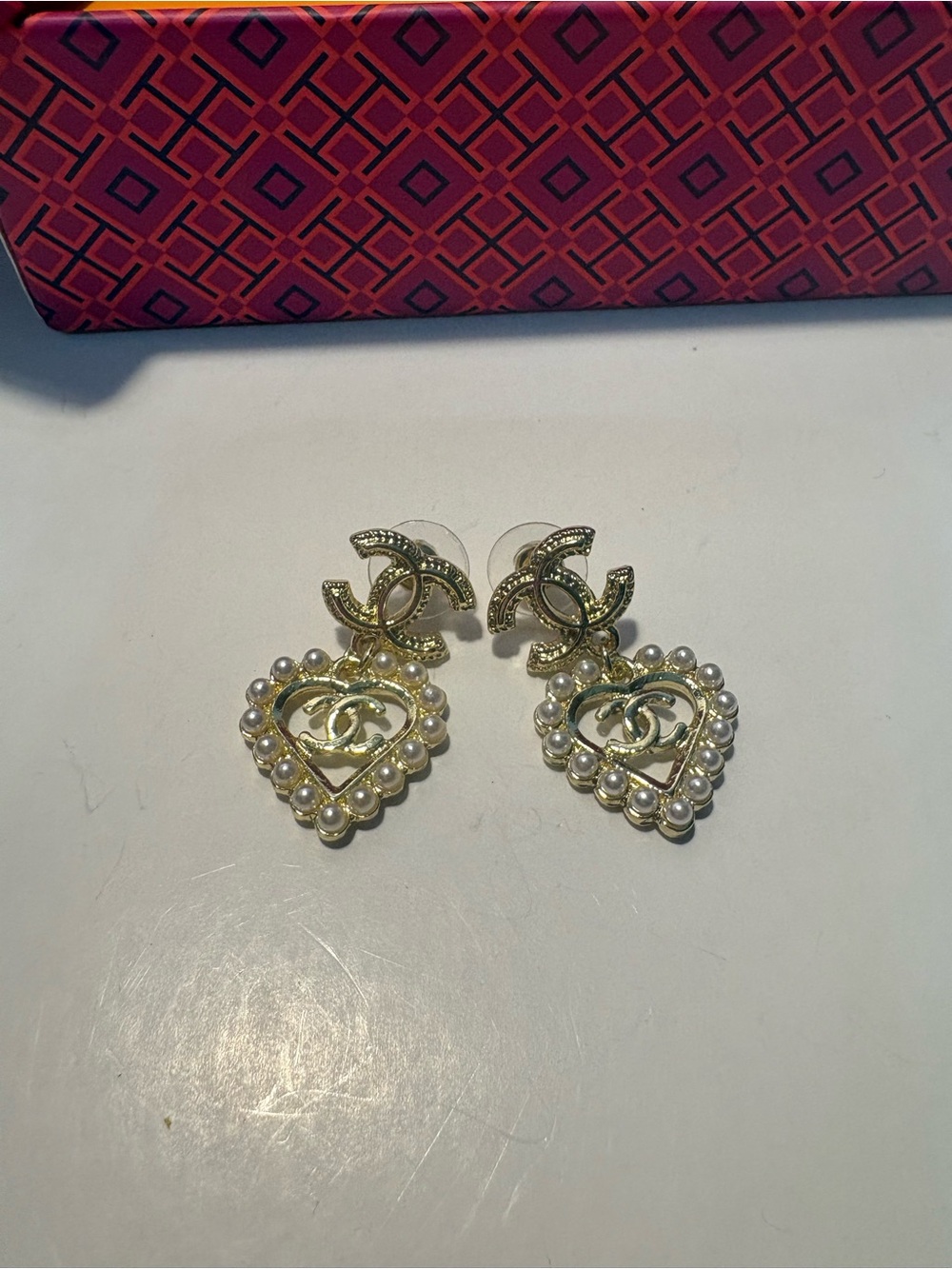 Gold Pearl Heart Drop Earrings with Double-C Logo Accent